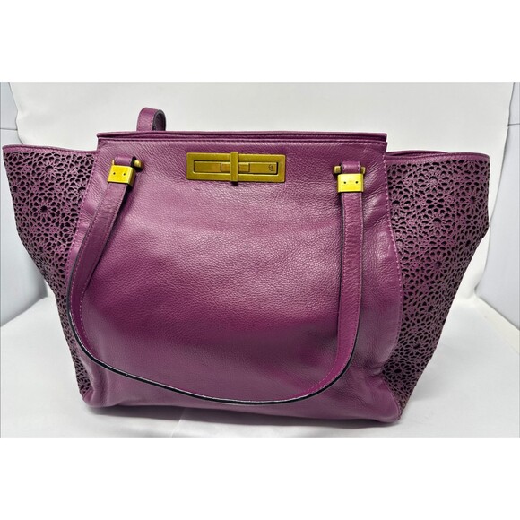 ELLIOTT LUCCA Purple Plum Lazer Pattern Cut Leather Carryall Tote Large - Picture 2 of 13